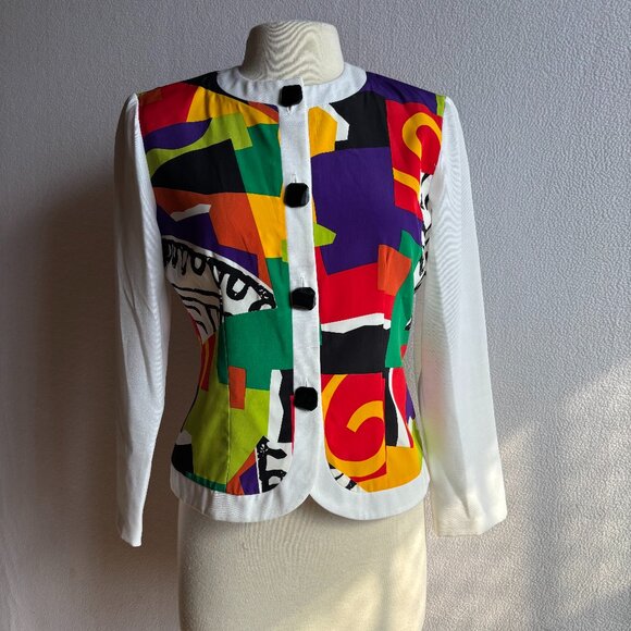 1980s Caron Petite Colorful Geometric Print Suit Jacket - Picture 1 of 10